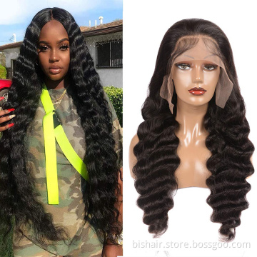 26" Brazilian Deep Wave Wig 100% humsn hair wig13x4 Curly Transparent Lace Closed Front Black Human Hair Wig Women's Remy Wig